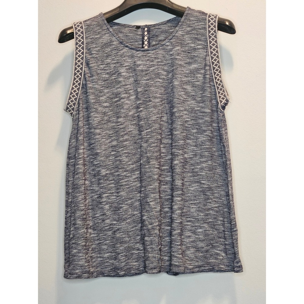 Navy White Space Dye Sleeveless Knit Top Geometric Embroidered Trim Large
